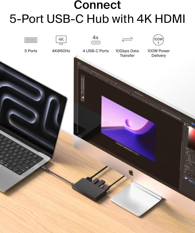 Belkin USB C Hub 5-Port Hub w/ 4K HDMI Display @ 60Hz 100W Power Delivery Fast Data Transfer 10Gbps USB C Multiport Adapter - Compatible with MacBook iPad Pro Chromebook &amp More