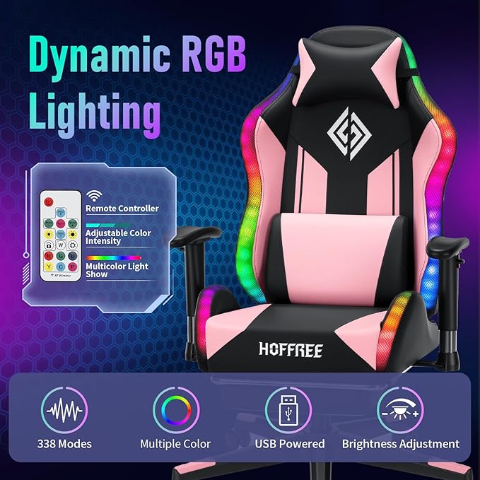 HOFFREE RGB LED Gaming Chair for Kids Reclining Gaming Chairs for Teens 8-15 Computer Chair with RGB Lights Kids PC Game Chair with Footrest and Lumbar Support Video Game Chairs Pink and Black