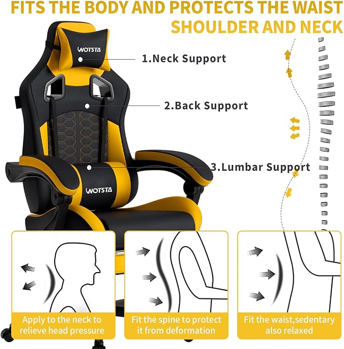 Gaming Chair with MassageErgonomic PC Gaming Chair with Footrest Comfortable Headrest and Lumbar SupportHigh Back Game Chair PVC Leather300LBS (BlackYellow)