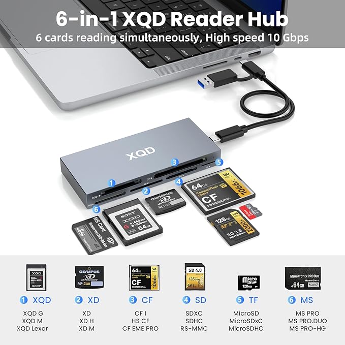 10Gbps XQD Card Reader 8 in 1 Multi-Card Reader USB C for Sony G/M Series Lexar 2933x/1400x USB Mark XQD Card/CF/XD/MS/TF/SD Memory Card Reader/Writer/Hub USB 3.2 for Windows/Linux/Mac OS/Android