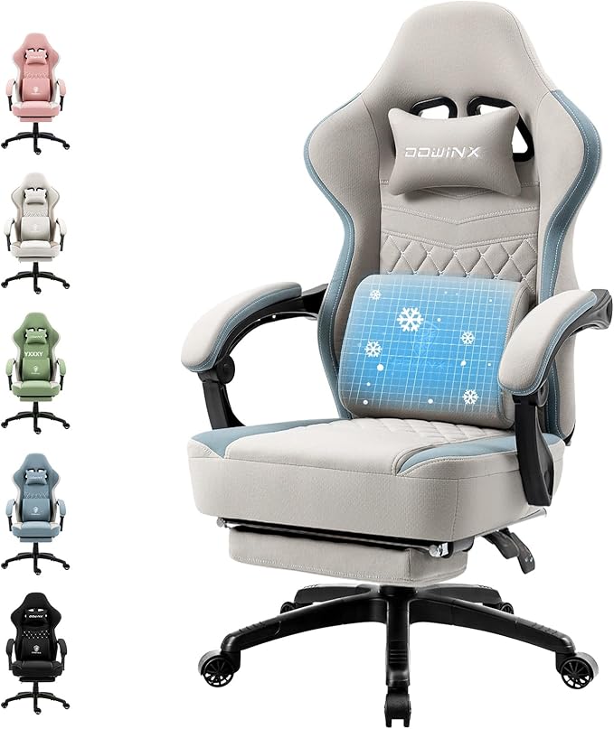 Dowinx Gaming Chair Breathable Fabric Game Chair with Gel Pad and Storage Bag Comfortable Gamer Chair with Pocket Spring CushionErgonomic Computer Chair with FootrestGrey
