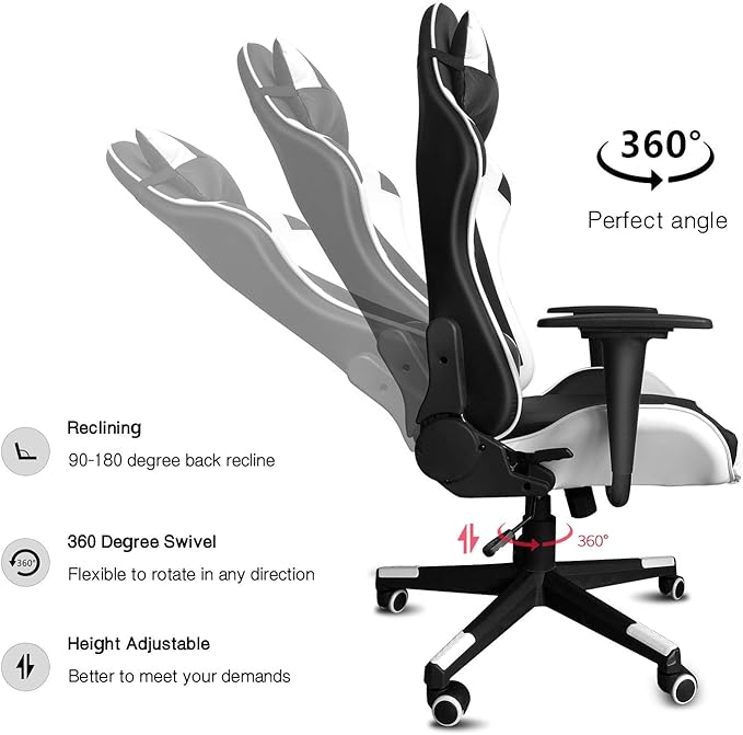 Modern-Depo Gaming Chair with Headrest and Lumbar Support Height Adjustable Swivel Office Chair High-Back Recliner White