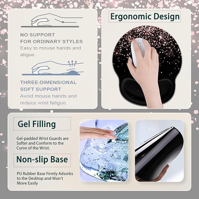 Large Mouse Pad Ergonomic Mouse Pad with Wrist Rest and Keyboard Wrist Rest 4 in 1 Set 31.5 x11.8 inch Extended Desk Pad for Home Office Rose Gold Gradient Gilt Pattern XXL Black Gaming Mouse Mat