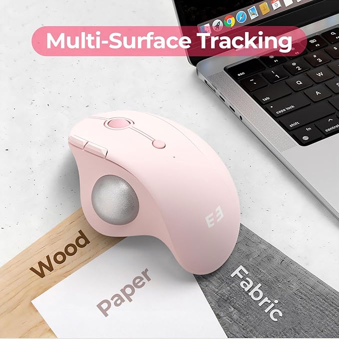 seenda Wireless Trackball Mouse Bluetooth - Ergonomic Rollerball Mouse Rechargeable 3 Device Connection Optical Mice Adjustable DPI Thumb Control Mice Compatible for Mac/Android/Windows - Rose Pink