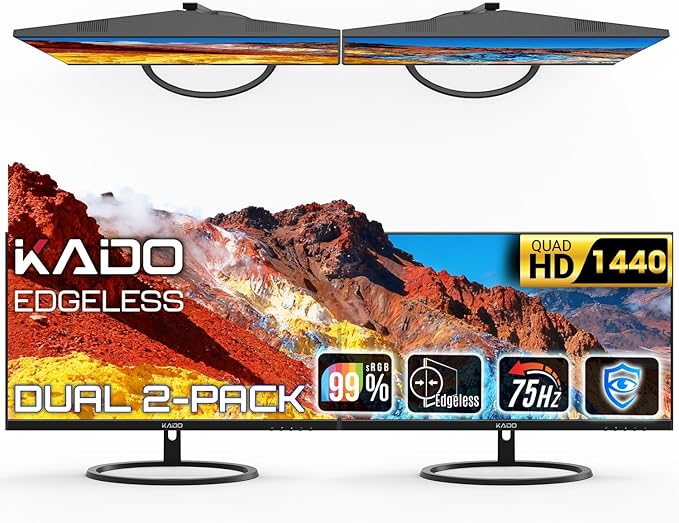 Kado Dual Monitor Setup - 2-Pack 27-inch 2560x1440 Quad HD Computer Monitor 75Hz VESA Mount Edgeless HDMI Office Gaming Hybrid Built-in Speakers