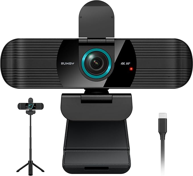RUWBY Webcam with Built-in Microphone and Rotatable Tripod 1080P Video and Wide Angle Camera Privacy Cover (4K | 30fps | Type-C Cable | Detachable Tripod)