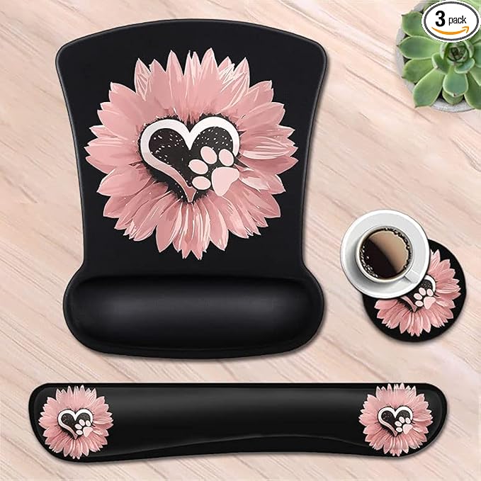 Mouse Pad with Wrist Support Ergonomic Gel Mouse Pad Memory Foam Keyboard Wrist Restfor Office Typing Games Desktop Decoration Sunflower and Dog Paw Print Pet and Pink Flowers
