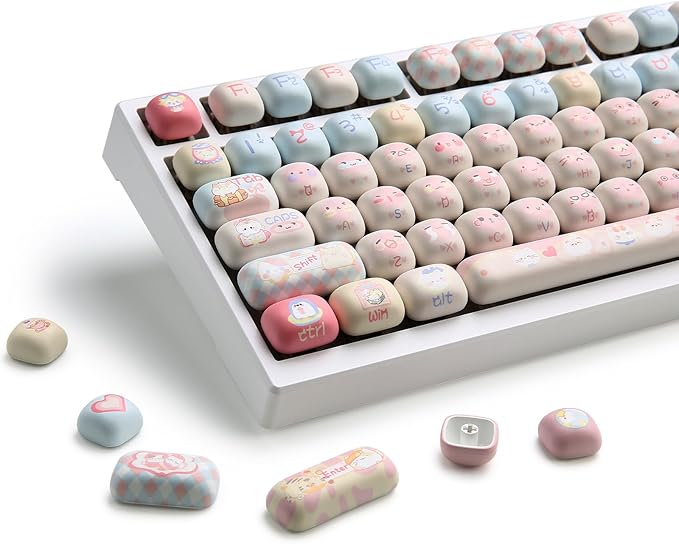 YUNZII Cute Pink Kitten Custom Keycaps 141 Keys Dye Sub PBT MOG Profile Keycap Set for Mechanical Gaming Keyboards (Pink Kitten)