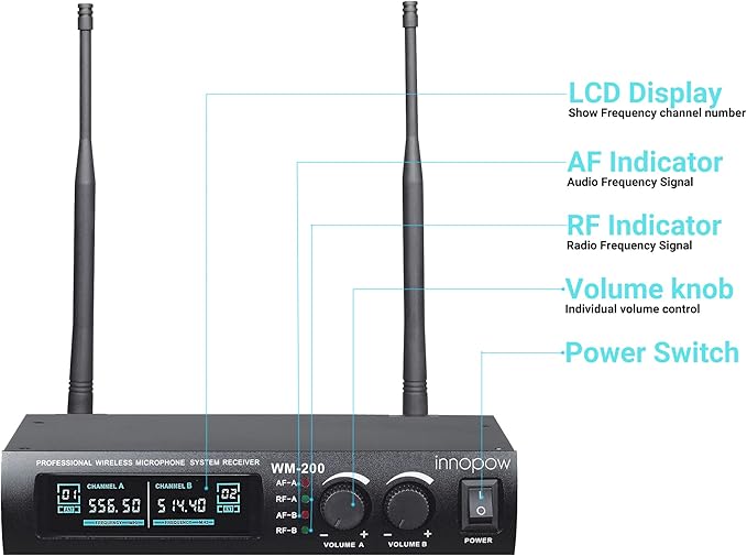 Wireless Microphone System Dual UHF Metal Cordless Mic Set Long Distance 150-200Ft16 Hours Continuous Fixed Frequency Use for Karaoke Singing Family PartyChurch (CH.01&amp02)