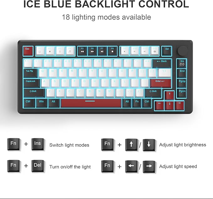 MageGee 75% Mechanical Gaming Keyboard Compact Blue Backlit Wired Gaming Keyboards with Red Switches EVA Foam Knob Control STAR75 Portable NKRO PC Gaming Keyboard - Black &amp White