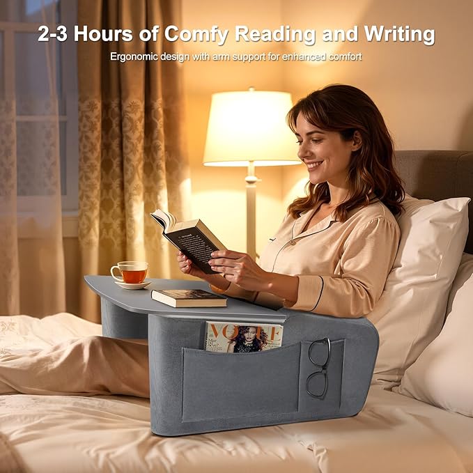 Reading Pillow for Gaming with Ergonomic Arm Rests Wooden Lap Desk for Laptop Support Pillow with Side Pockets for Reading Writing Working Gaming on Bed Couch or Floor (Gray Large)