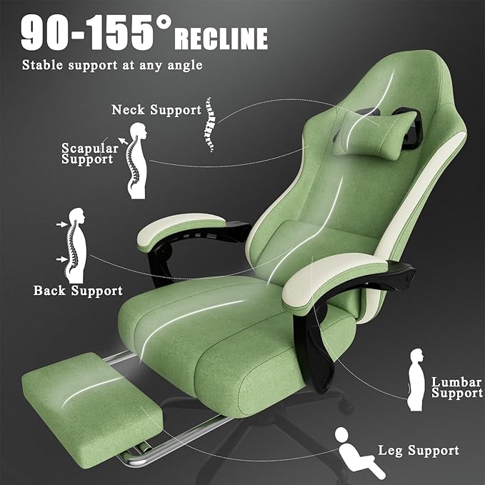 Gaming Chair High Back Fabric Computer Chair with Pocketed Spring Cushion and Footrest Height Adjustable Game Chair with Headrest and Lumbar Support