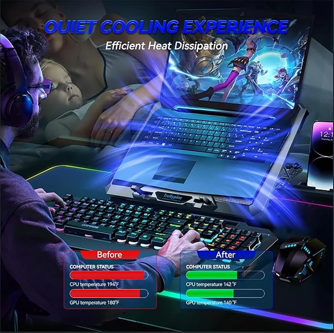 Laptop Cooling pad for Hp EliteBook 865 16 inch G10 Gaming laptops Laptop Cooler with 8 Fan Adjustable Speed 5-Level Height Adjustment Mute Silent2 USB-A PortBuilt-in Phone Stand