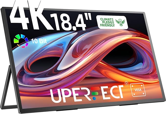 UPERFECT Portable Monitor 18.4-inch 4K 60HZ 10 Bit w/VESA &amp Stand 180° Adjustable Ultra-Slim &amp Lightweight Frameless FHD FreeSync IPS HDR Gaming Display Travel Second Monitor for Laptop