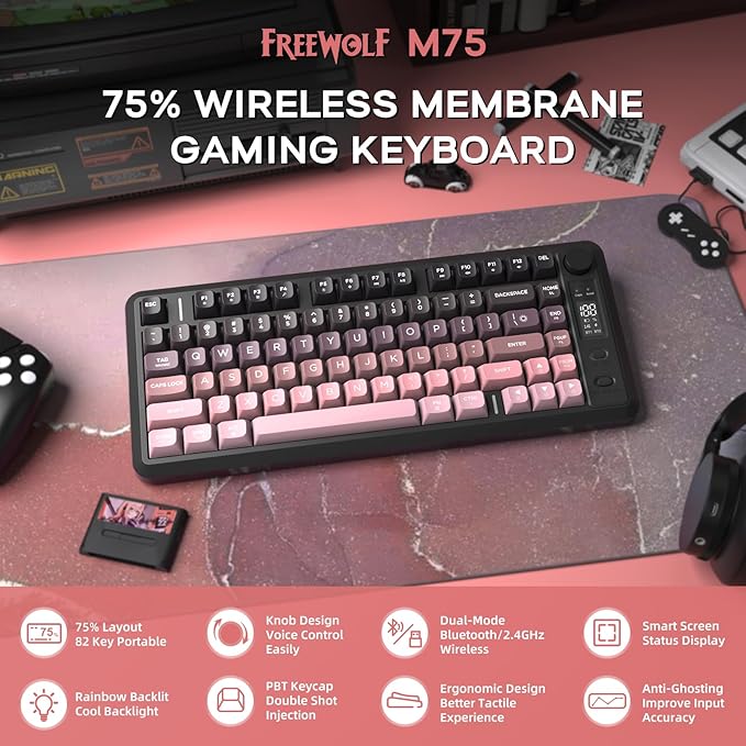 M75 Wireless Gaming Keyboard Mechanical Feel Membrane with Knob &amp OLED Display Bluetooth/2.4Ghz Rainbow Backlit Gradient PBT Keycaps 2000mAH Battery Anti-Ghosting-Pink