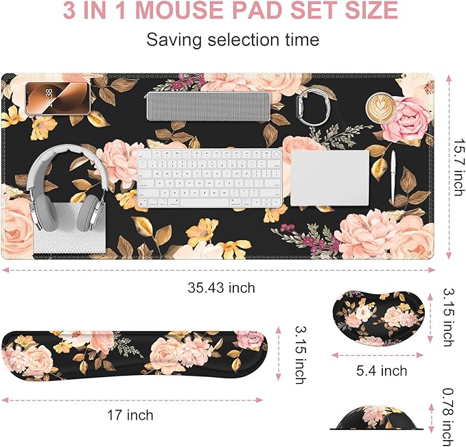 XXL Desk Mat Large Floral Mouse Pad with Wrist Rest Keyboard Wrist Rest 3 in1 Desk Pad Matt Set Gaming Mousepad with Wrist Support Computer Mat for Desktop Office Women LaptopBlack Pink