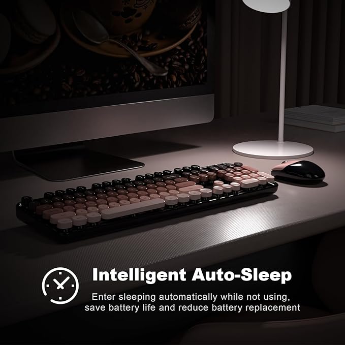 Wireless Keyboard and Mouse Combo MOWUX Full Size Typewriter Retro Round Computer Keyboard Cute Optical Mouse Wireless Plug and Play for Laptop PC Computer- BlackBerry Gradient