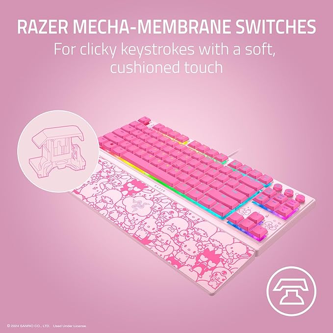 Razer Ornata V3 TKL Gaming Keyboard: Low-Profile Keys - Mecha-Membrane Switches - UV-Coated Keycaps - Backlit Media Keys - 8-Zone RGB Lighting - Magnetic Wrist Wrest - Hello Kitty &amp Friends Editio