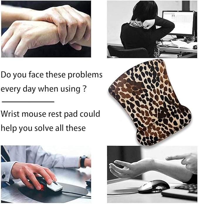 Mouse Wrist Rest and Keyboard Wrist Rest Pad+ Coaster Set Non-Slip Rubber Base Smooth Surface Ergonomic Gaming Mouse Pad for Easy Typing and Pain Relief Brownish Black Cow Pattern