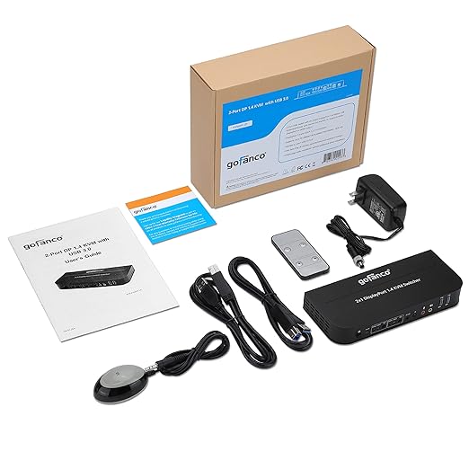 gofanco 2 Port 4K 60HZ DisplayPort KVM Switch with USB 3.0 – DisplayPort 1.4 4K @60Hz 4:4:4 HDR HDCP 2.2/1.4 USB Keyboard/Mouse USB 3.0 Hub MIC in Stereo Out IR Remote Hotkeys (KVMDP-2P)