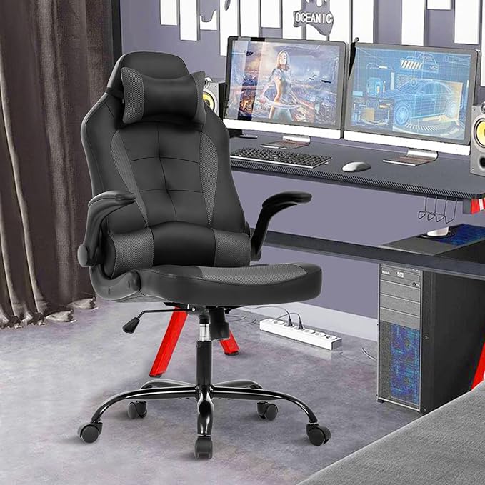 PC Gaming Chair Office Chair Ergonomic Desk Chair with Headrest&amp Lumbar Support Adjustable High Back PU Leather Computer Chair Racing Rolling Swivel Task Chair for Adults Grey