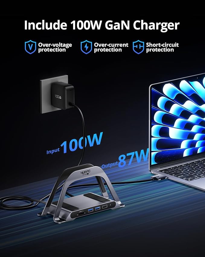 4URPC MacBook Pro Docking Station Dual Monitor 4K@60Hz with 100W Power Adapter USB C Docking Station Vertical Stand for MacBook Pro/Air with 2 HDMI USB 3.0 SD&ampmicroSD Ethernet Audio