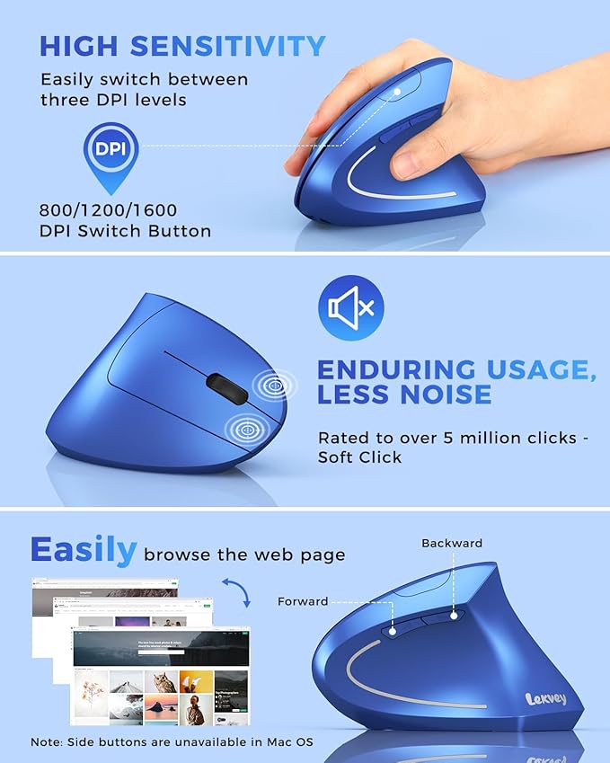 Lekvey Ergonomic Mouse Vertical Wireless Mouse Rechargeable 2.4G USB Optical Carpal Tunnel Mice : 3 DPI 800/1200/1600 Levels 6 Buttons for Laptop PC Mac Computer Desktop Notebook etc Blue