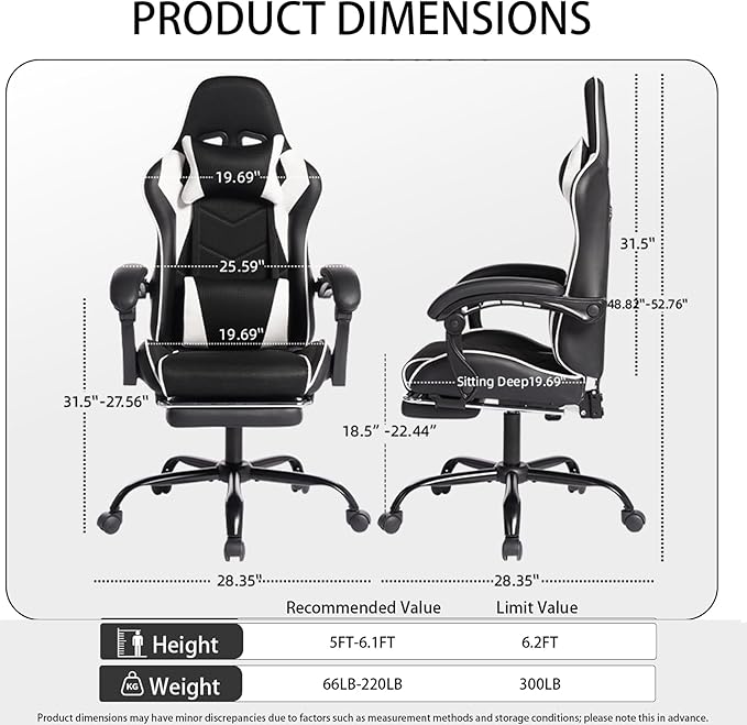 Gaming Chair High Back Ergonomic Office Chair with Massage Lumbar Support and Footrest Reclining Swivel Gamer Seat for Adults Kids Home Bedroom Black White