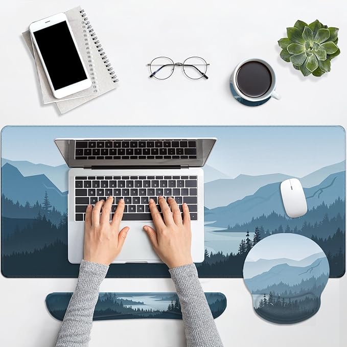 Arttown Mountains Wood Pine Desk Mat Blue Painting Mouse Pad Set with Wrist Support 4-in-1 Large Mousepad+Keyboard Wrist Rest+Mouse Wrist Rest+Coaster with Ergonomic Design Non-Slip Mat