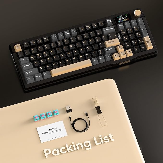 RedThunder K95 Wireless Mechanical Keyboard TFT Screen &amp Knob Tri-Mode BT5.0/2.4GHz/USB-C Hot Swappable Custom Pre-lubed Linear Pink Switches Gasket Structure RGB Gaming Keyboard Black-Gold