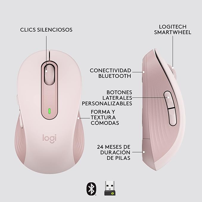 Logitech Signature M650 Wireless Mouse - for Small to Medium Sized Hands 2-Year Battery Silent Clicks Customizable Side Buttons Bluetooth Multi-Device Compatibility - Rose (Renewed)
