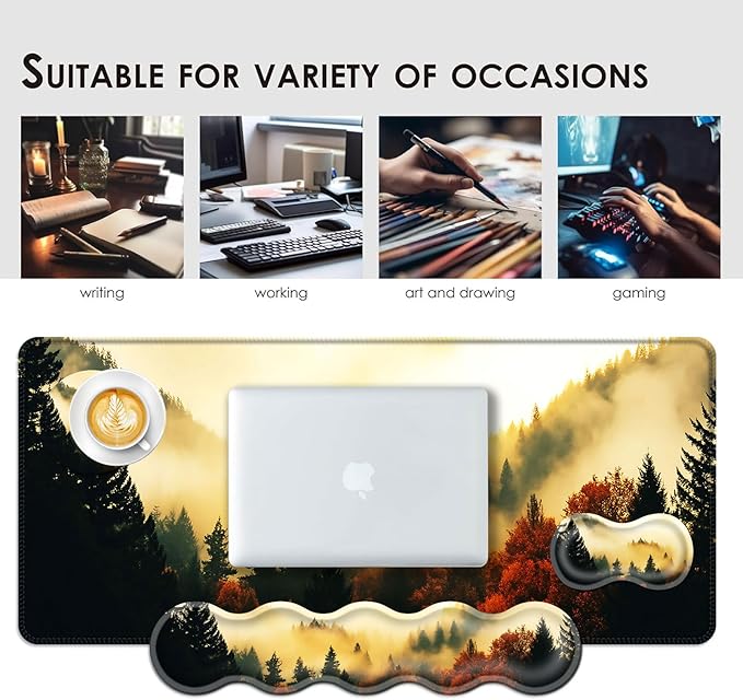 Large Keyboard Mouse Pad Set Extended Mouse Pad+Keyboard Wrist Rest Support Memory Foam Ergonomic Easy Typing 4Pcs (31.5×11.8 in) Desk Pad Set for Office HomeNature Misty Forest