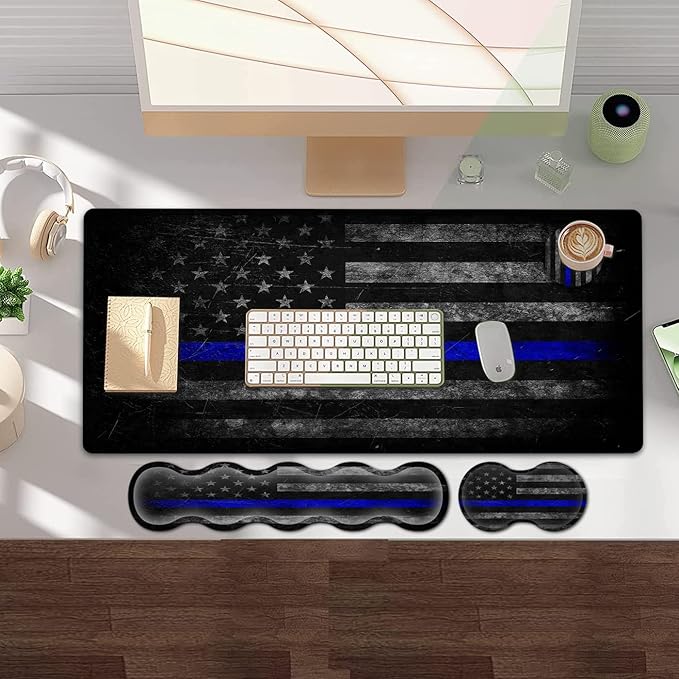Large Gaming Mouse Pad with Stitched EdgesExtended XXL MousepadOffice Desk Pad Writing Pad31.5 x 11.8 inErgonomic Memory Foam Keyboard Wrist Rest SupportVintage Blue Black American Flag Desk Mat