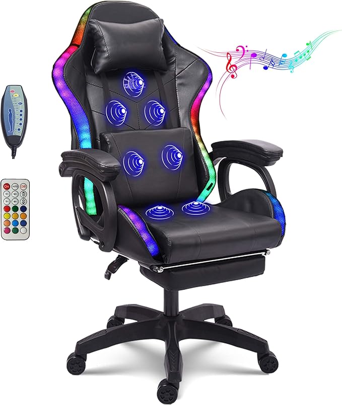 TBQATNTS Gaming Chair with RGB LED Light Ergonomic Massaging Computer Gaming Chair Video Gaming Chair with Footrest Reclining Gaming Chair with Speakers Office ChairBlack