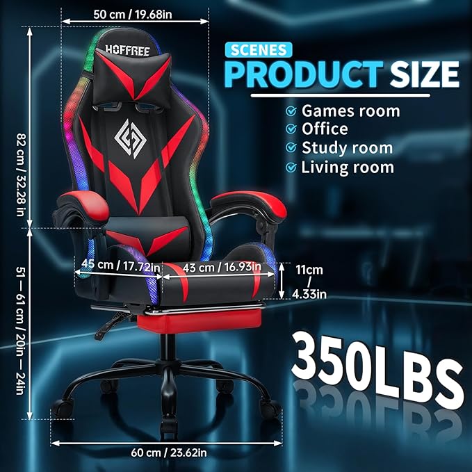 RGB Gaming Chair with Massage and LED Lights Ergonomic Computer Chair with Footrest High Back Video Game Chair with Adjustable Lumbar Support Linkage Armrest Red and Black