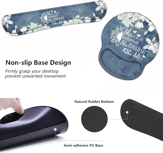 Keyboard Wrist Rest and Mouse Pad Wrist Support Set with Coasters Inspirational Quote She Believed She Could So She Did Wrist Support Mouse Pad with Non-Slip PU Base for Computer Laptop Home Office