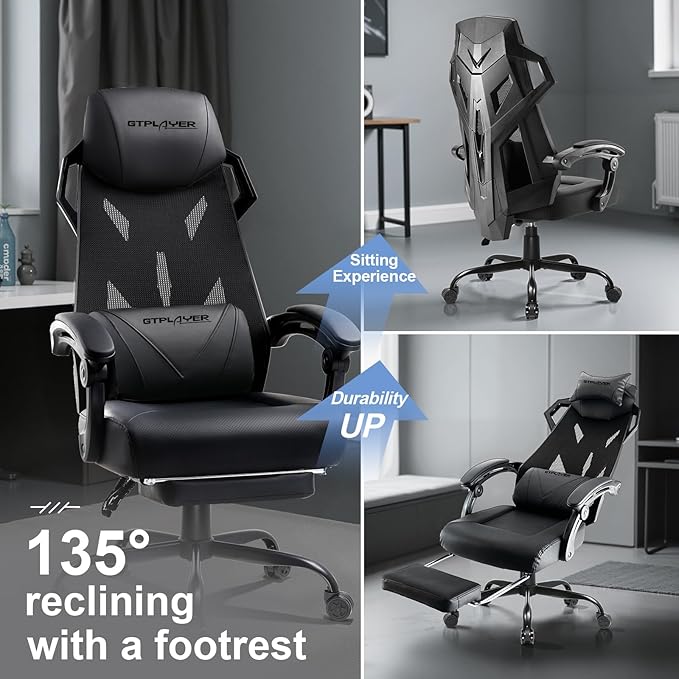 GTPLAYER Gaming Chair Computer Chair with Mesh Back Ergonomic Gaming Chair with Footrest Reclining Gamer Chair with Adjustable Headrest and Lumbar Support for Gaming and Office (Black)