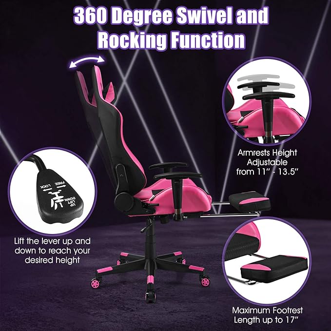 Giantex Massage Gaming Chair Pink Ergonomic Video Game Chair with Footrest High Back E-Sport Computer Chair with Headrest &amp Massager Lumbar Support PU Leather Gaming Seat