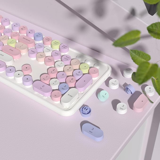 Colorful Wireless Keyboard and Mouse Combo COVEVA 2.4GHz Wireless Retro Cute Round Keycaps Keyboard 104 Keys Full-Sized Keyboard Mouse Set with Switch Button for PC Laptop Desktop (White Colorful)