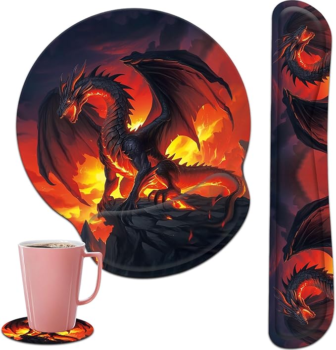 Keyboard Wrist Rest and Mouse Pad Wrist Support Set with CoastersErgonomic Gaming Mousepad for Home Office Working Studying Easy Typing &amp Pain ReliefFire Dragon