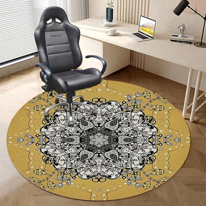Brown Orange PU Leather Carpet for Hard Wood &amp Tile Floor Middle Eastern Exotic Mystic Culture Easy Glide Floor Protector Mat for Office Chairs Mandala Diameter 39.4 in