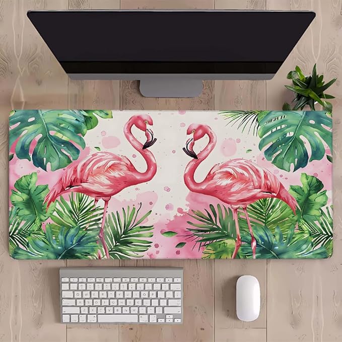 Pink Flamingo Leaf Large Mouse Pad Gaming Mousepad Desk Mat for Desktop Computer Keyboard Waterproof Mouse Mat Desk Pad with Non-Slip Base for Game School Office Home 35.4 x 15.7