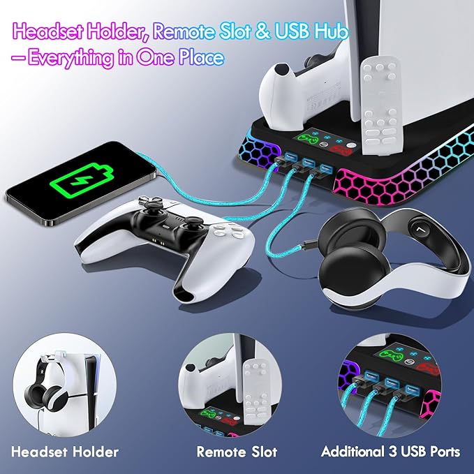 Pro Slim Cooling Station with RGB LightsStand Vertical Base Accessories with Silent 3-Level Cooling Fans Dual Controller Charger and USB Hubs (Black)