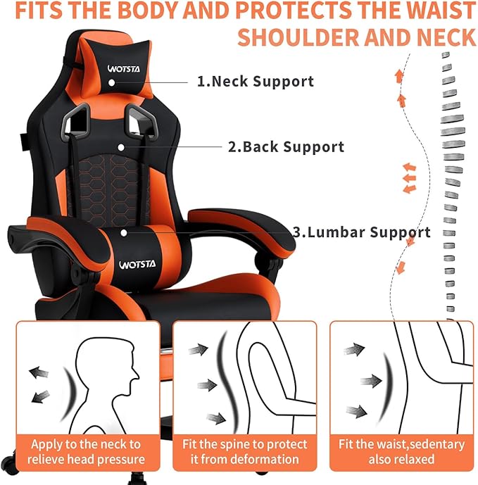 Gaming Chair with MassageErgonomic PC Gaming Chair with Footrest Comfortable Headrest and Lumbar SupportHigh Back Game Chair PVC Leather300LBS (Black&ampOrange)