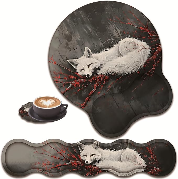 3 in 1 Keyboard Wrist Rest + Mouse Pad and Coaster Ergonomic Gel Mouse Pad and Keyboard Pad Set Comfortable Lightweight for Easy Typing Pain Relie Fox and Red Branch