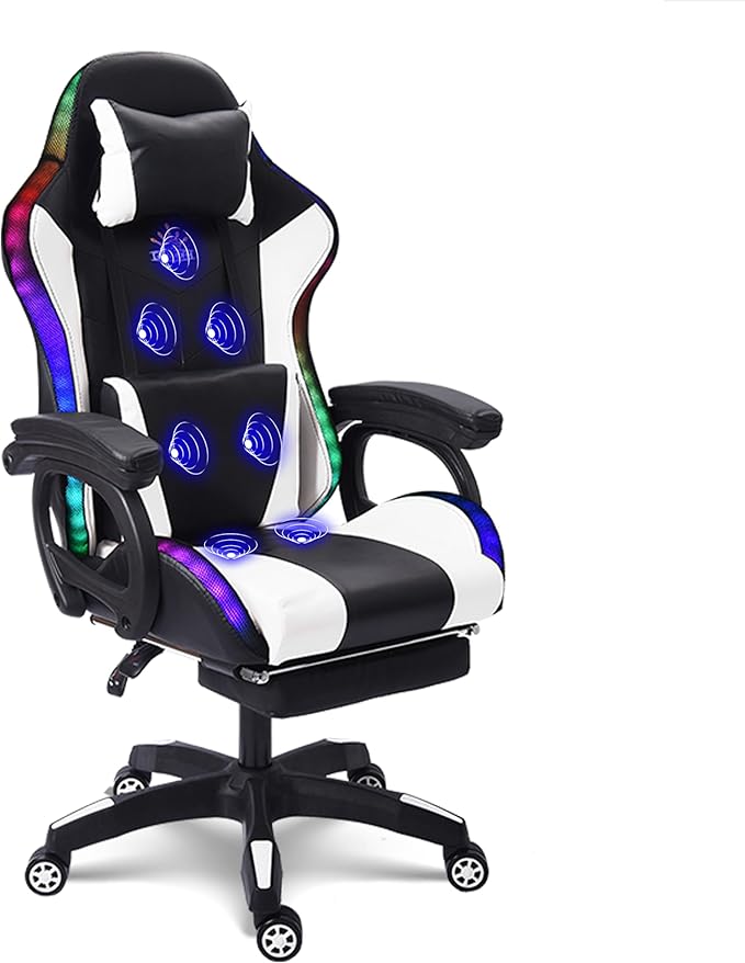 Video Game Chair with Speakers and RGB Lights Massage Ergonomic Computer Gaming Chair with Footrest and Lumbar Support 90°-135° Tilt Rocking Chair Gaming Chairs for AdultsWhite
