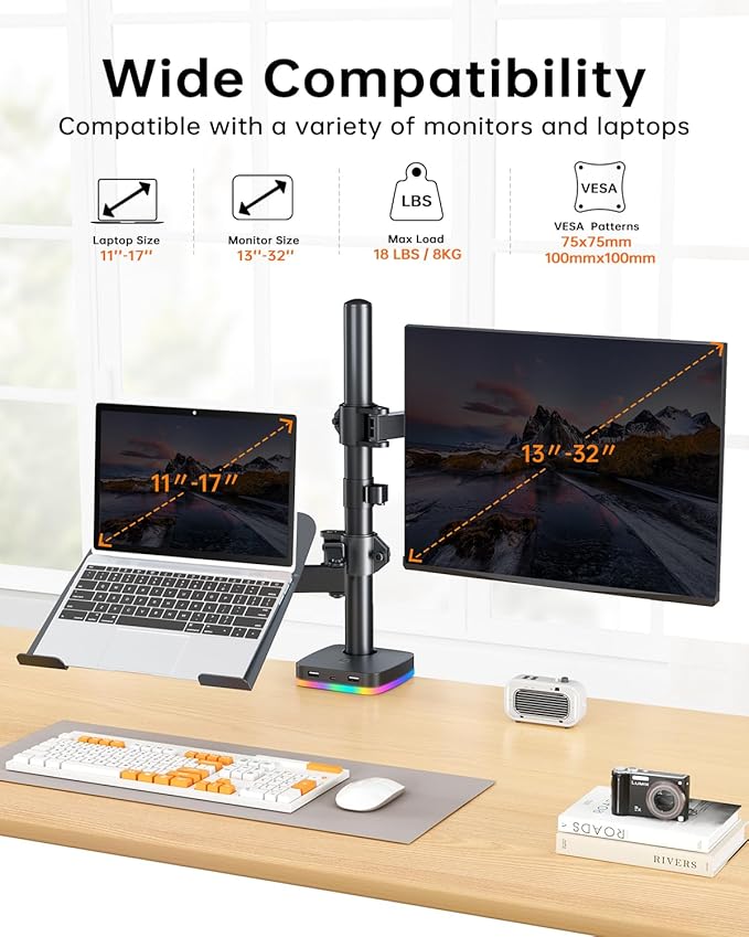 RGB Monitor and Laptop Mount Stand with 3 USB Ports Charging and USB Data Transfer Adjustable laptop stand for 13 to 32 Screen and 11-17” Laptop Holds 18lbs/Arm 75x75/100x100 VESA C-Clamp