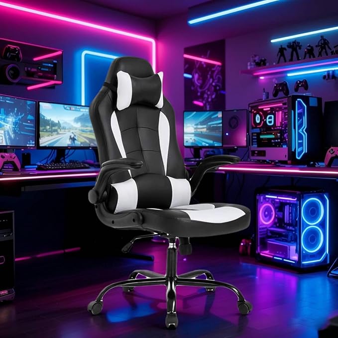 Gaming Chair Racing Chair with Lumbar Support - High Comfort PU Leather Ergonomic Office Desk &amp PC Gaming Chair for Adults Men Women - Flip-Up Arms &amp Headrest White