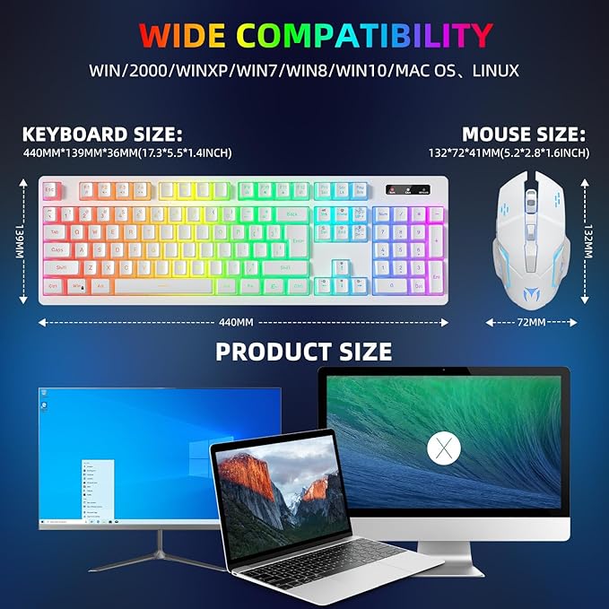 Wireless Gaming Keyboard and Mouse Combo - RGB Backlit Rechargeable Ergonomic for Gaming Work Long-Lasting Built-in Battery (White)