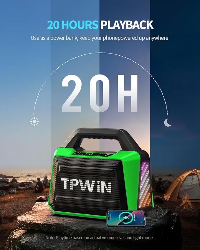 Bluetooth Speaker - 80W Loud Rugged Outdoor Speakers IPX6 Waterproof 20H Playtime Deep Bass Lightshow TWS BT 5.3 Wireless Portable for Travel Hiking Camping Beach Pool - Green